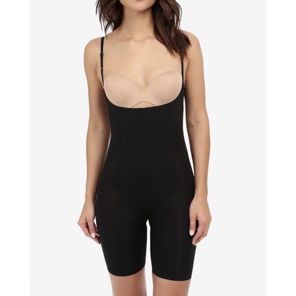 SPANX Thinstincts 2.0 Open Bust Mid Thigh Black Shaper Bodysuit size L NEW $88